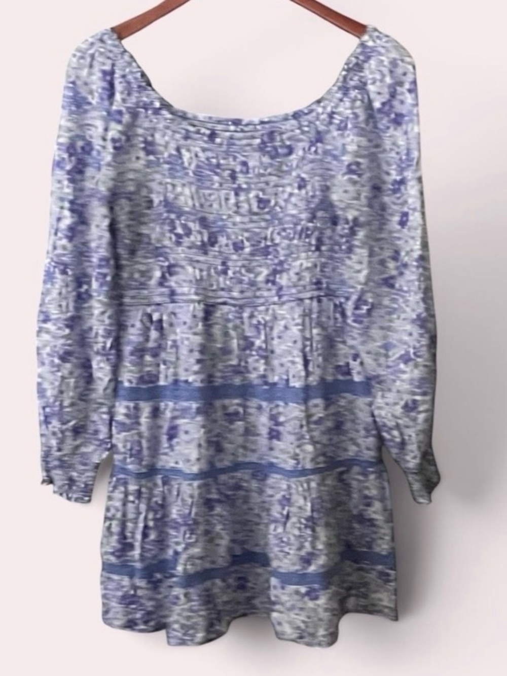 Japna Lavender Blue Floral Tiered Long-Sleeve ShortqDress